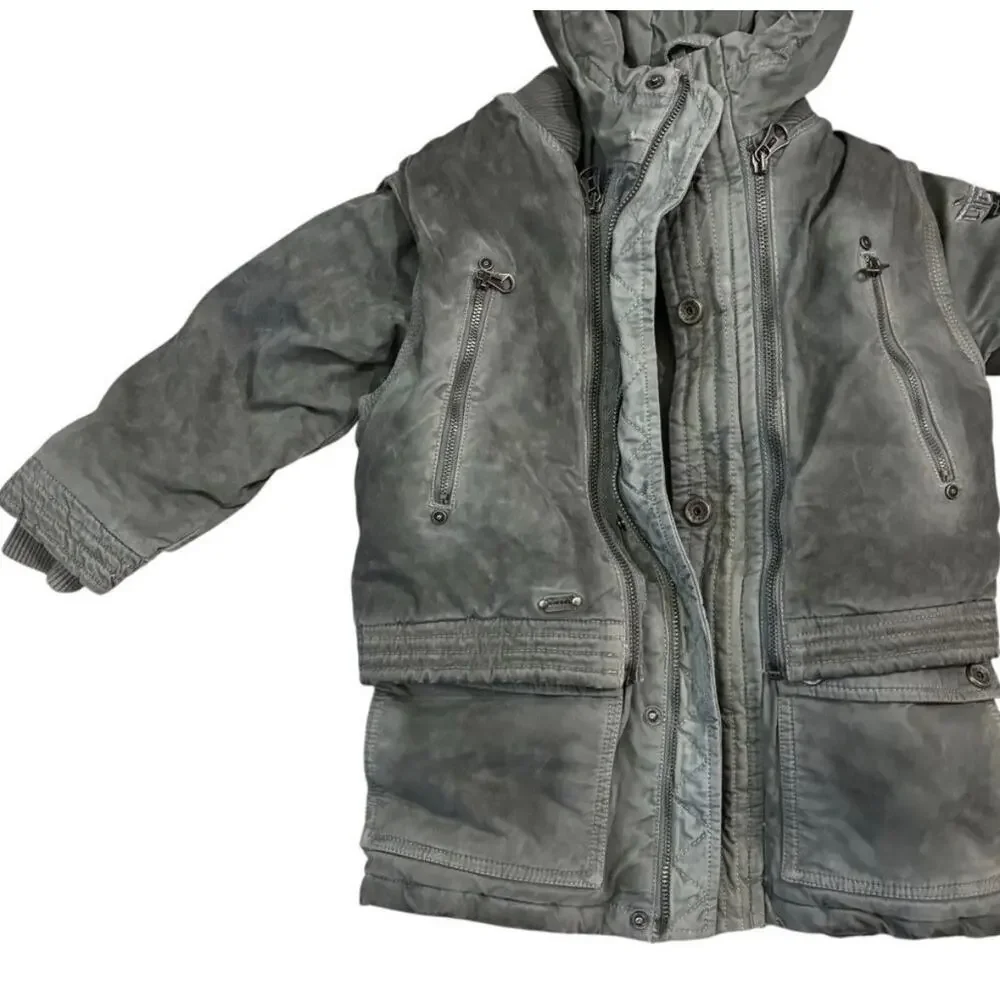 DIESEL Boys Utility Hooded Convertible Jacket Coat Gray Distressed Layered Moto